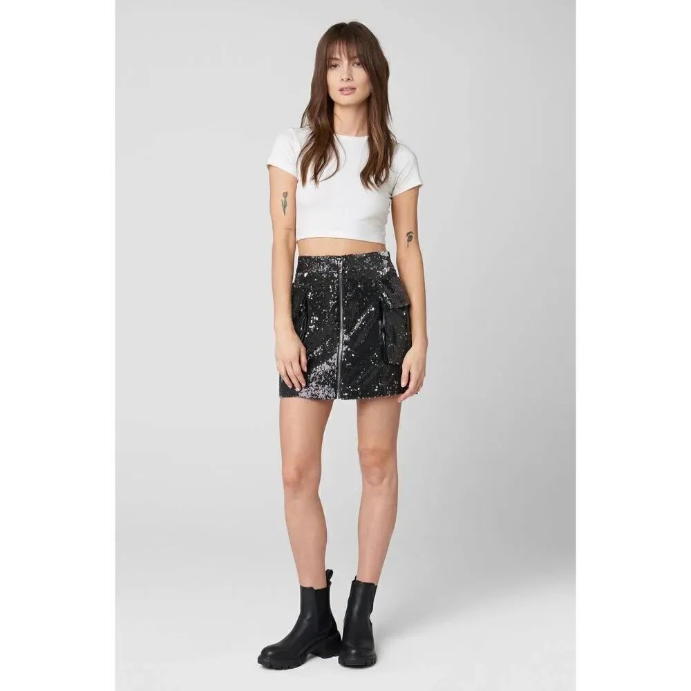 BLANKNYC Women's 27 Small Black Sequin Small Pleasures Skirt Cargo Mini Skirt